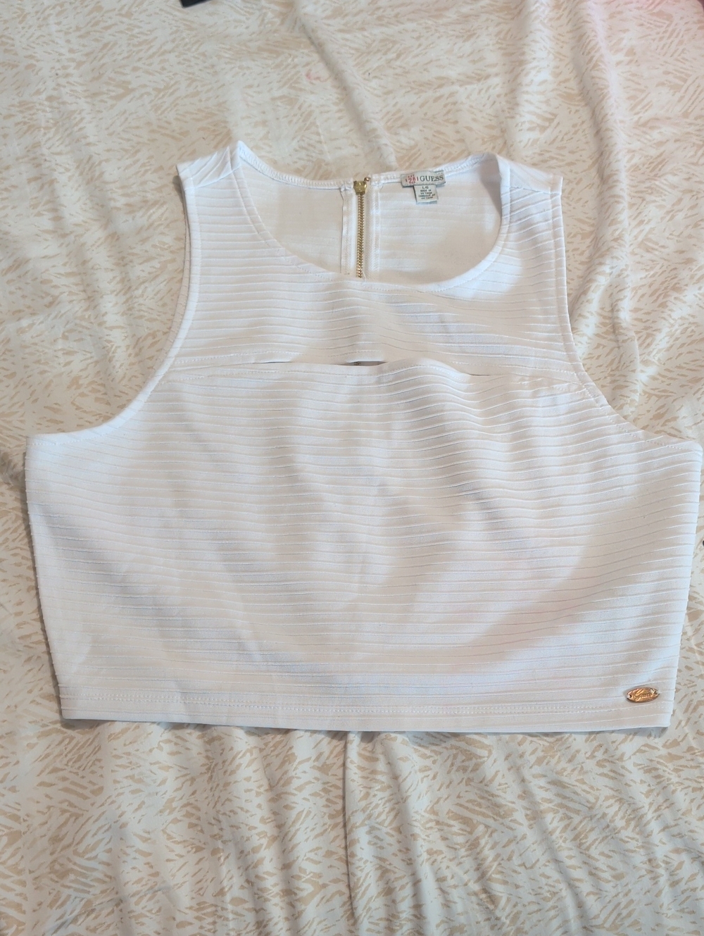 Guess White Ribbed Cropped Tank with Gold Back Zip